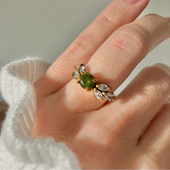 925 Green Stone Floral Gold Ring “Elfa” Peridot Emerald Olive Tourmaline Moss - Picture 4 of 16
